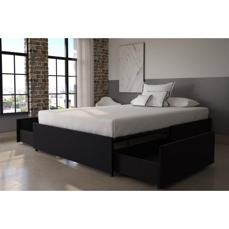 DHP Maven Platform Bed with Storage - Queen, Black Faux leather