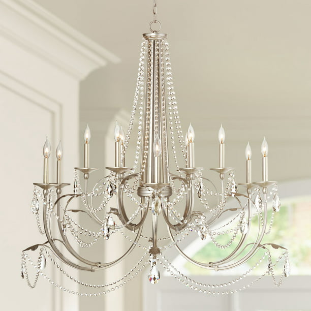 Beaded Crystal Candle 12 Light Fixture, Silver Light Fittings Chandeliers