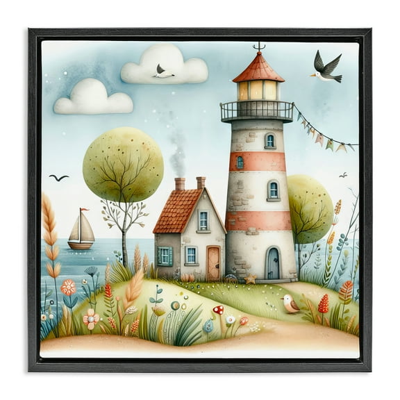 Stupell Industries Nautical Lighthouse Whimsy Nautical & Beach Painting Black Floater Framed Canvas Art Print Wall Art, 18 x 18