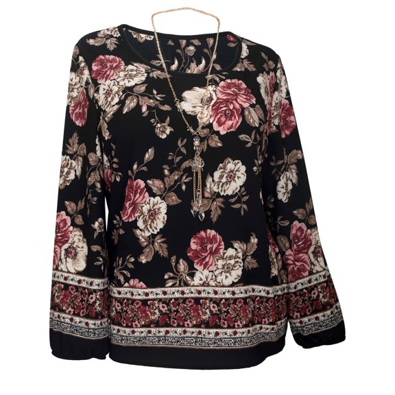 eVogues Plus Size Long Sleeve Top Black Floral Print