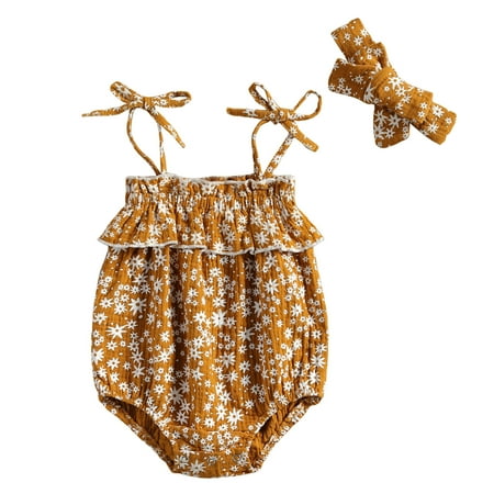 

Mioliknya 2 Pcs Newborn Suit Girls Sling Flower Print Short Pants Jumpsuit Bow Hairband