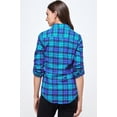 thumbnail image 2 of BodiLover, Women's, Long Sleeves Roll Up Button Up Plaid Shirt with 2 Breast Pockets, Blue Teal, L, 2 of 4