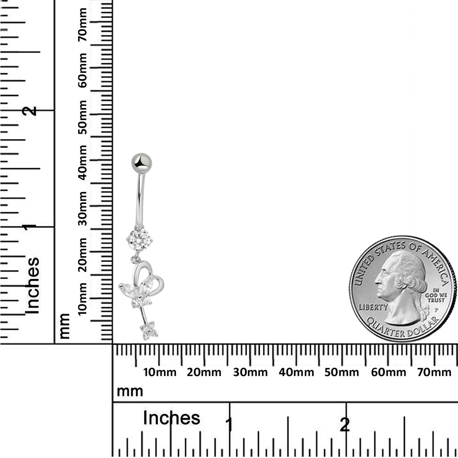 AVORA 10K White Gold Simulated Diamond CZ Dangling Heart Butterfly Belly Button Ring Body Jewelry (14 Gauge)