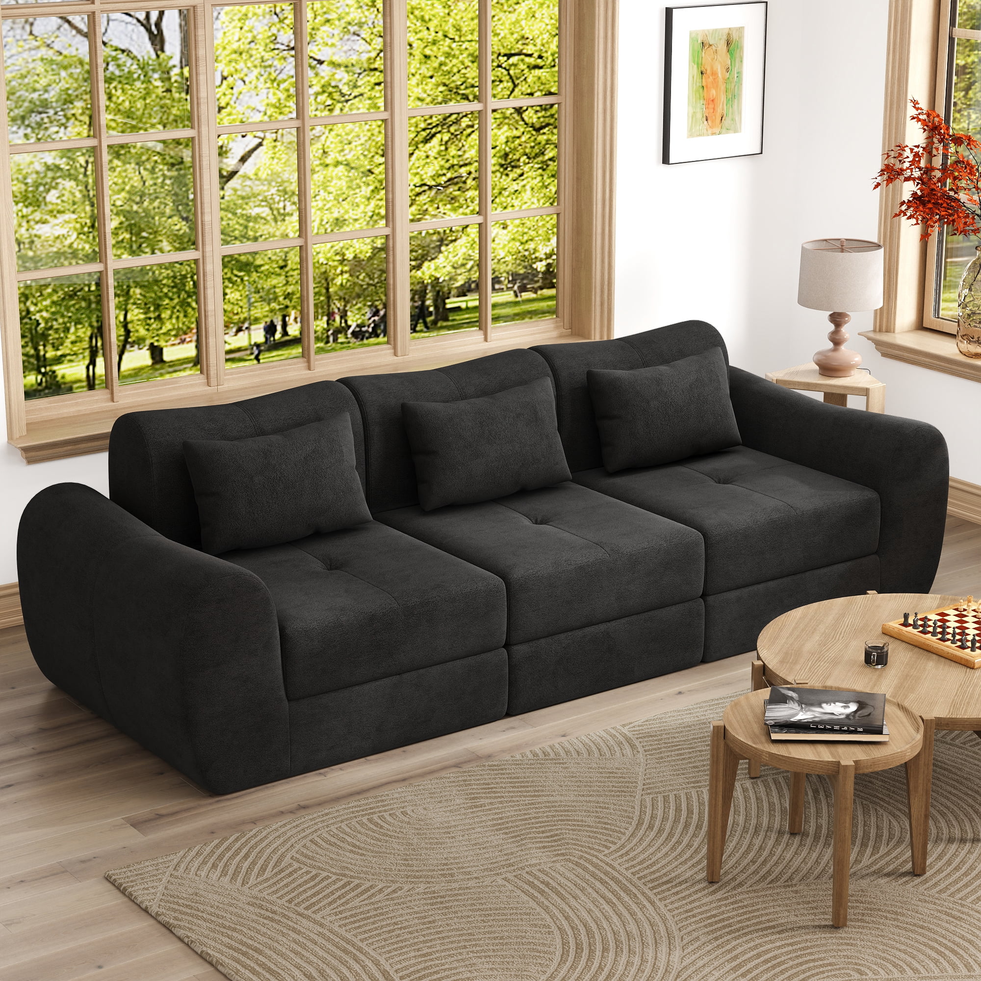 102" Modular Sectional Sofa with Chaise, 4-in-1 Modern Boneless Couch, 3 Seater Sofa with Extra Deep Seats, Folding Convertible Sofa Bed,Suitable for Living Room,Bedroom and Recreation Room (Black)