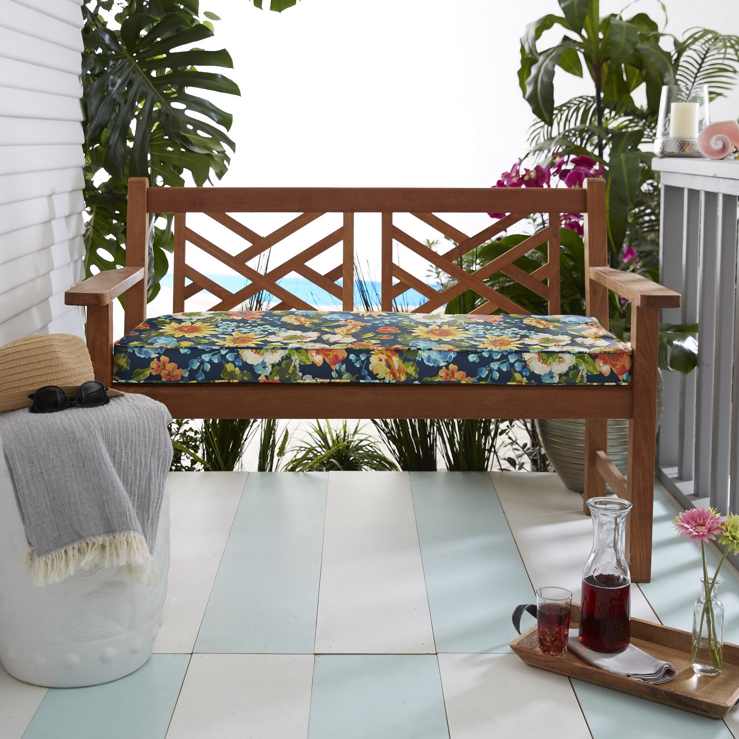 Blue Multi Floral Indoor/Outdoor Bench Cushion, Corded