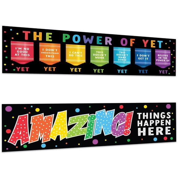 Koyal Wholesale Classic Rainbow Classroom Banner Sign for Teachers, The Power of Yet Growth Mindset, Wall Decor, 2-Pk