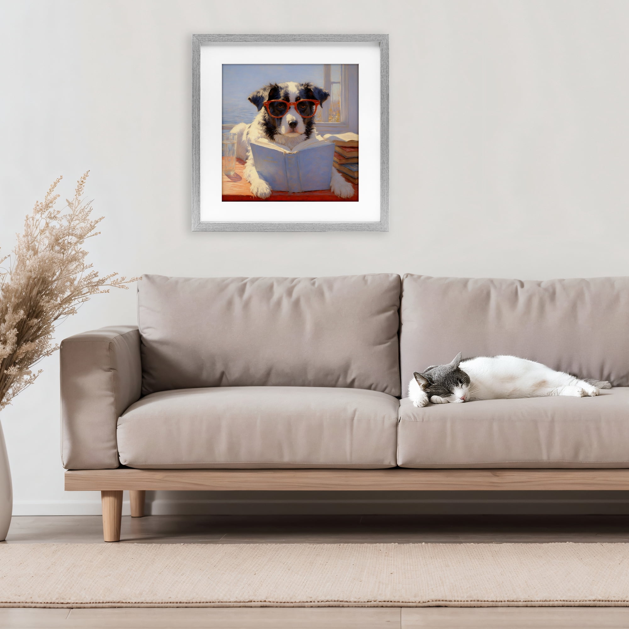 Stupell Industries Sunlit Dog Reading By Window Gray Framed Print Under Glass, design by Angie Hawke