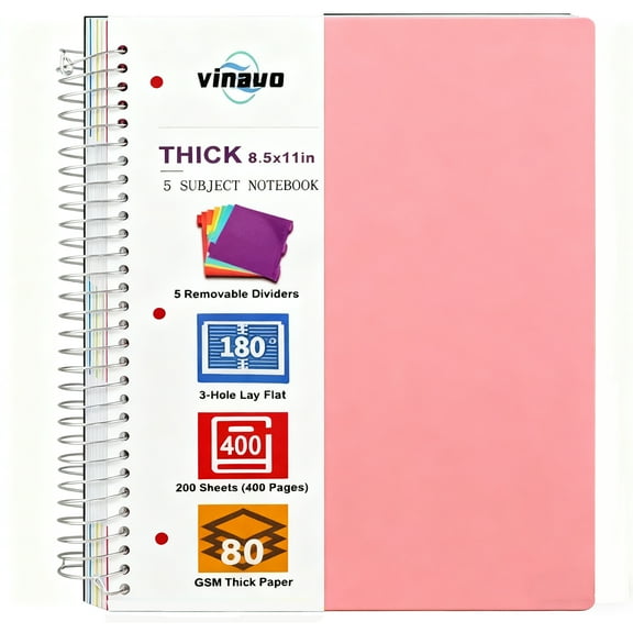 VINAUO Spiral Notebook 8.5" x 11", 5 Subject Notebooks College Ruled with Removable Dividers, 400 Pages 100GSM Thick Spiral Writing Journal for Work , Pink