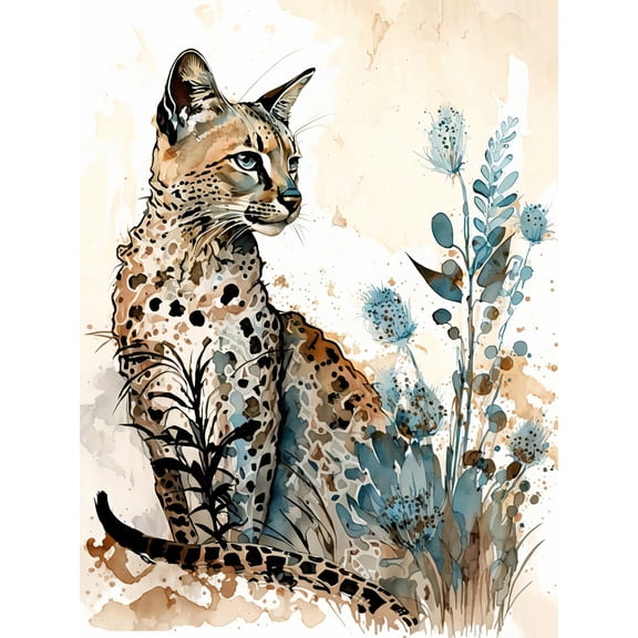 Savannah Cat and Wildflowers Modern Watercolour and Ink Illustration Large Wall Art Poster Print Thick Paper 18X24 Inch
