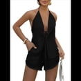 thumbnail image 1 of Conjunto de 2 Piezas de Top Holgado de Verano para Mujer, Sexy, con Espalda Descubierta, Cuello Halter y Lazo Frontal, y Pantalones Cortos de Cintura Alta. Negro S, 1 of 10