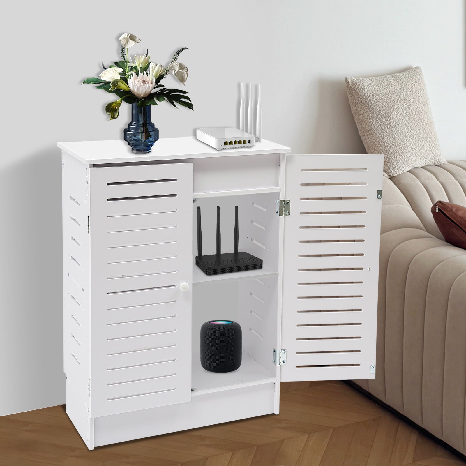 ToppiJoy 2-Tier Floor Standing Router Storage Cabinet, Management Hider Organizer Side Table for Home Office Living Room (19.7*9.8*27.5in)