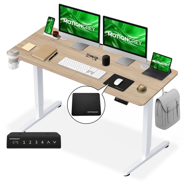 MotionGrey - Ergo2 Electric Standing Desk with Mousepad, 4-Preset Memory Keypad, 55” x 24” Light Brown Top, White Frame – Adjustable Ergonomic Desk for Home and Office