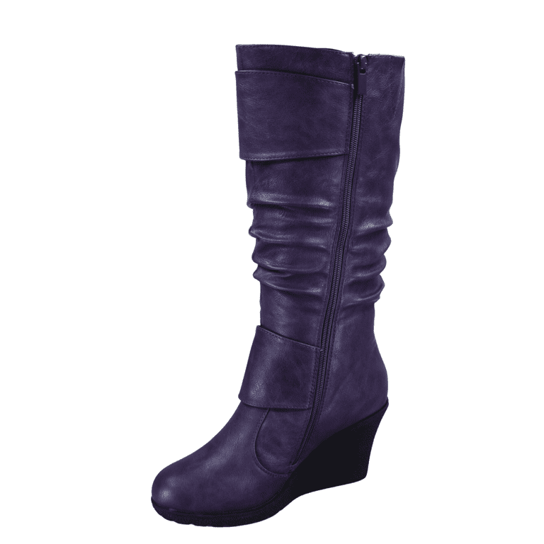 Toozon Women s Fashion Zip Knee High Boots Casual Wedge Heel Winter Shoes Purple 7
