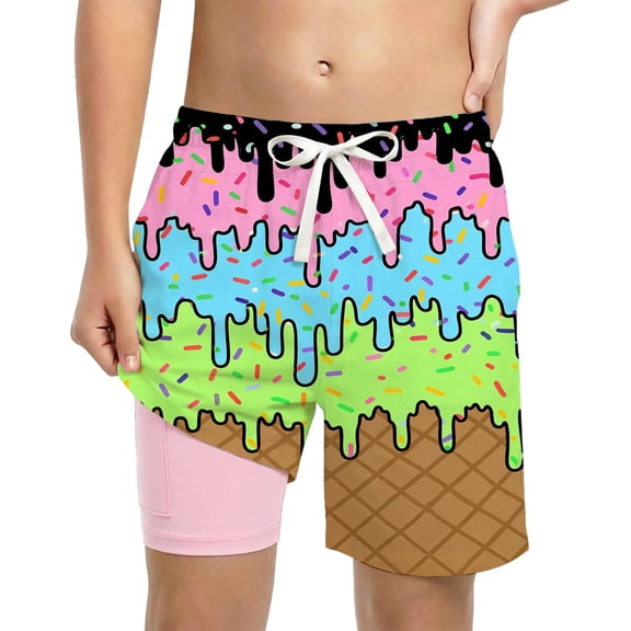 PRfgtbd Boys Swim Trunks Ice Cream Shorts With Compression Liner Casual Bathing Suit Elastic Waist Summer Beach Shorts For Kids Swimwear 2-3 Years