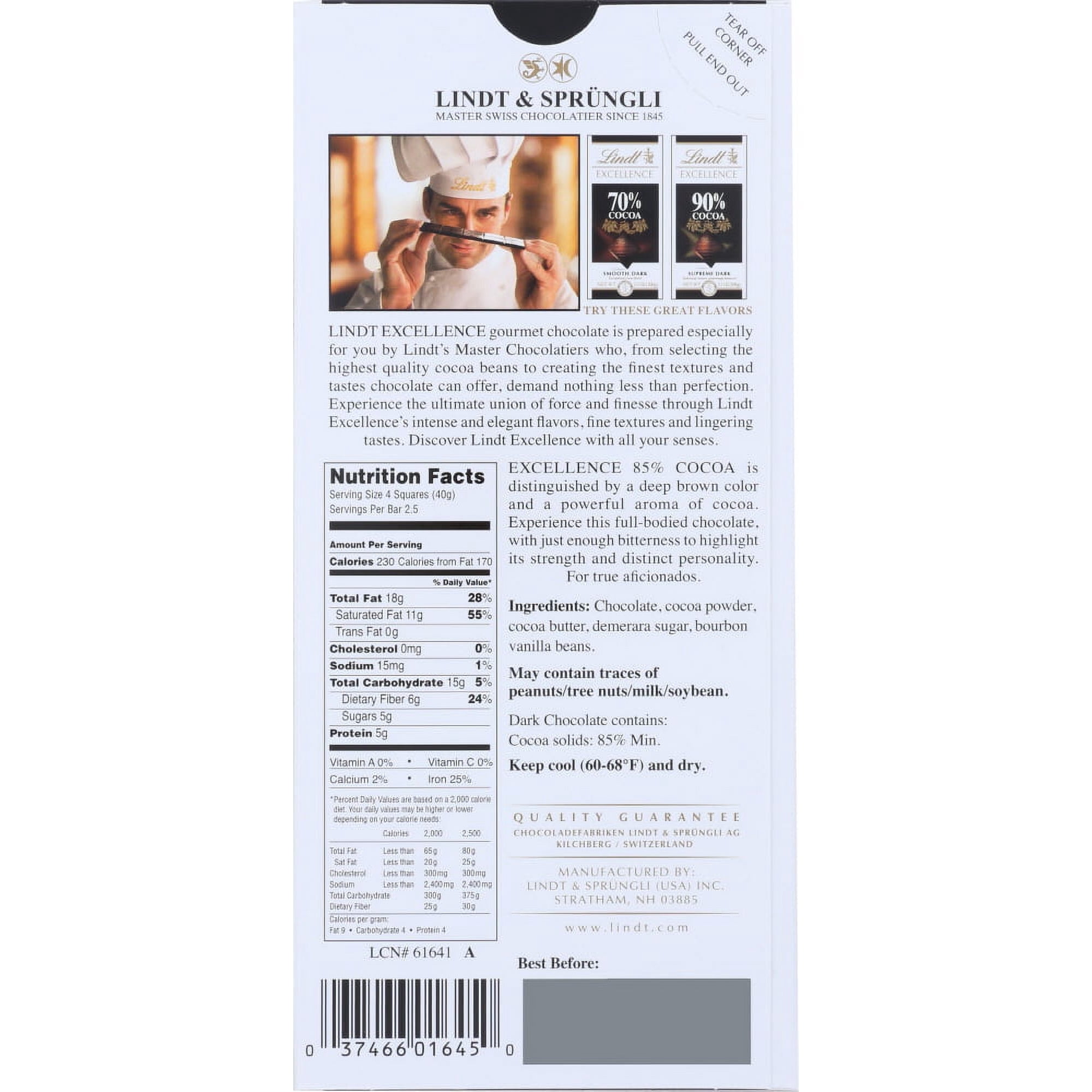 Pack of 12, Lindt 85% Cocoa Dark Chocolate Excellence Bar, 3.5 oz