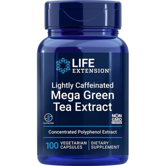 Life Extension Lightly Caffeinated Mega Green Tea Extract, 98% EGCG Polyphenols - Supports Cell, Heart & Brain Health - Gluten-Free, Non-GMO - 100 Vegetarian Capsules