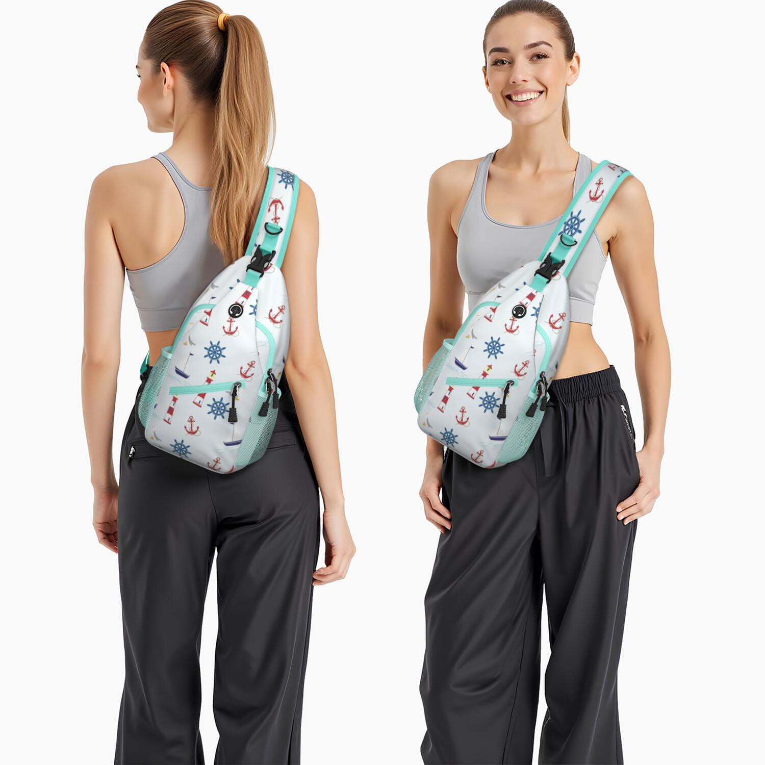 Tropical Beach Daypack - Nautical Shoulder Bag with Coral & Lighthouse Print, Spacious & Organized for Commuting, Traveling, and Casual Use - Unisex Crossbody Sling Bag