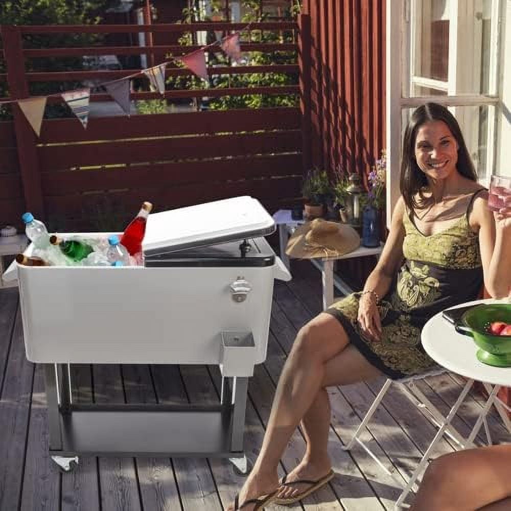 80 Quart Rolling Ice Chest, Portable Bar Drink Cooler with Catch Basin, Bottom Storage Tray and Bottle Opener for Patio Party BBQ Beach Activities
