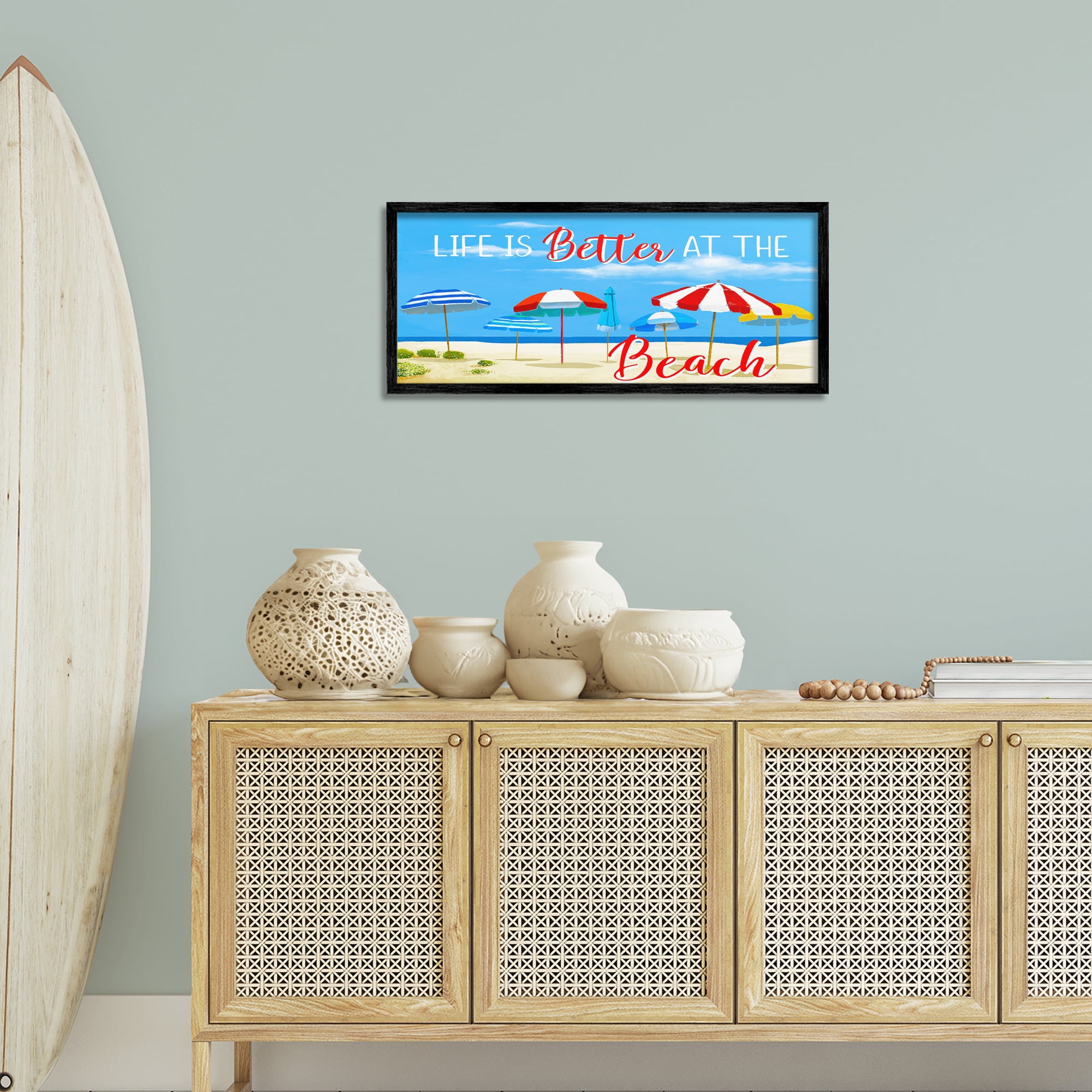 Stupell Industries Better At Beach Scene Landscape Painting Black Framed Art Print Wall Art, 30 x 13