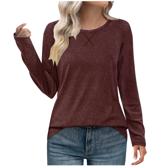 FAIWAD Womens Solid Color Tops Casual Crewneck Basic Pullover Trendy Lightweight Business Office Work Clothes