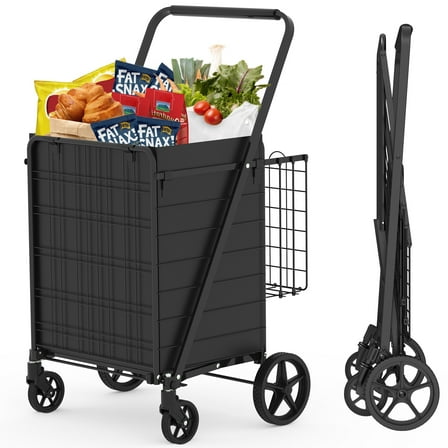 Shopping Cart with Wheels, Folding Portable Grocery Cart with Removable Waterproof Basket Liner, Lightweight Trolley for Seniors, 330lb Capacity, Ideal for Laundry, Shopping, and Travel, Black
