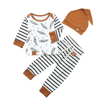 

BIZIZA Baby Outfit Winter Long Sleeve Striped T Shirts Hat 3-Piece Pants for 0-2Y Toddler White 90