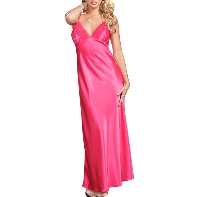 Pink Queen - Women Sexy Satin Long Lingerie Deep V Lace Solid Colour  Sleeveless Night Dress - Walmart.com - Walmart.com
