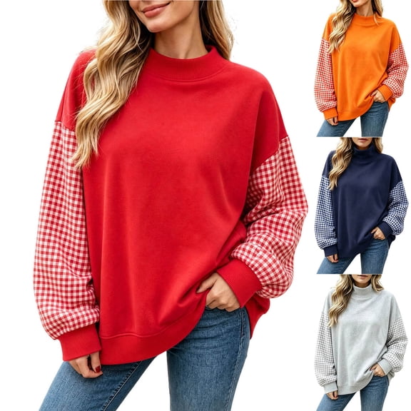 Zormilly Women's Sweatshirt Fleece Long Sleeve Mock Neck Plaid Sweatshirt Fashion Oversized Winter Pullover, S-2XL