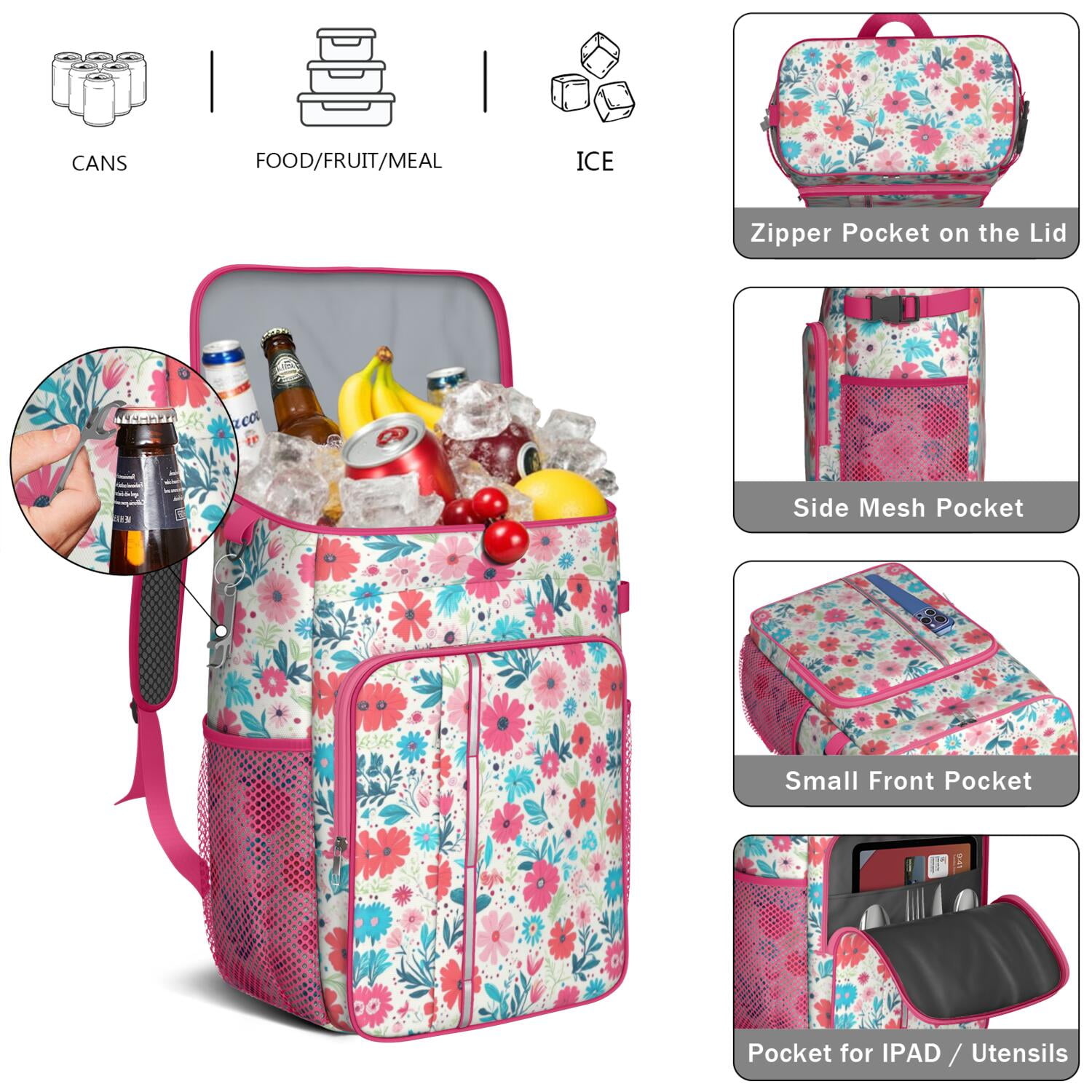Travel Cooler Bag - Pioneer Flower Camping Beer Cooler Backpack with Bottle Opener- Waterproof Insulated Picnic Backpacks - Cooler Bag for Beach