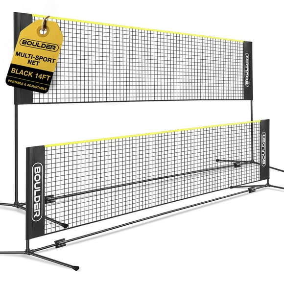 BOULDER Portable Badminton Net Set - for Tennis, Soccer Tennis, Pickleball, Kids Volleyball - Easy Setup Nylon Sports Net with Poles (Black/Yellow, 14 FT)