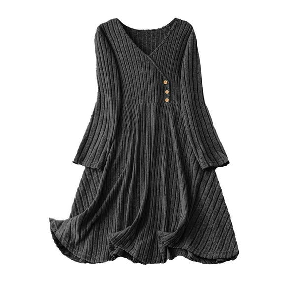 Turilly Knee-Length Dresses for Women Ladies' Fashionable Solid Color V-Neck Back Pleated Pocket Long Sleeved Button Long Knitted Dresses