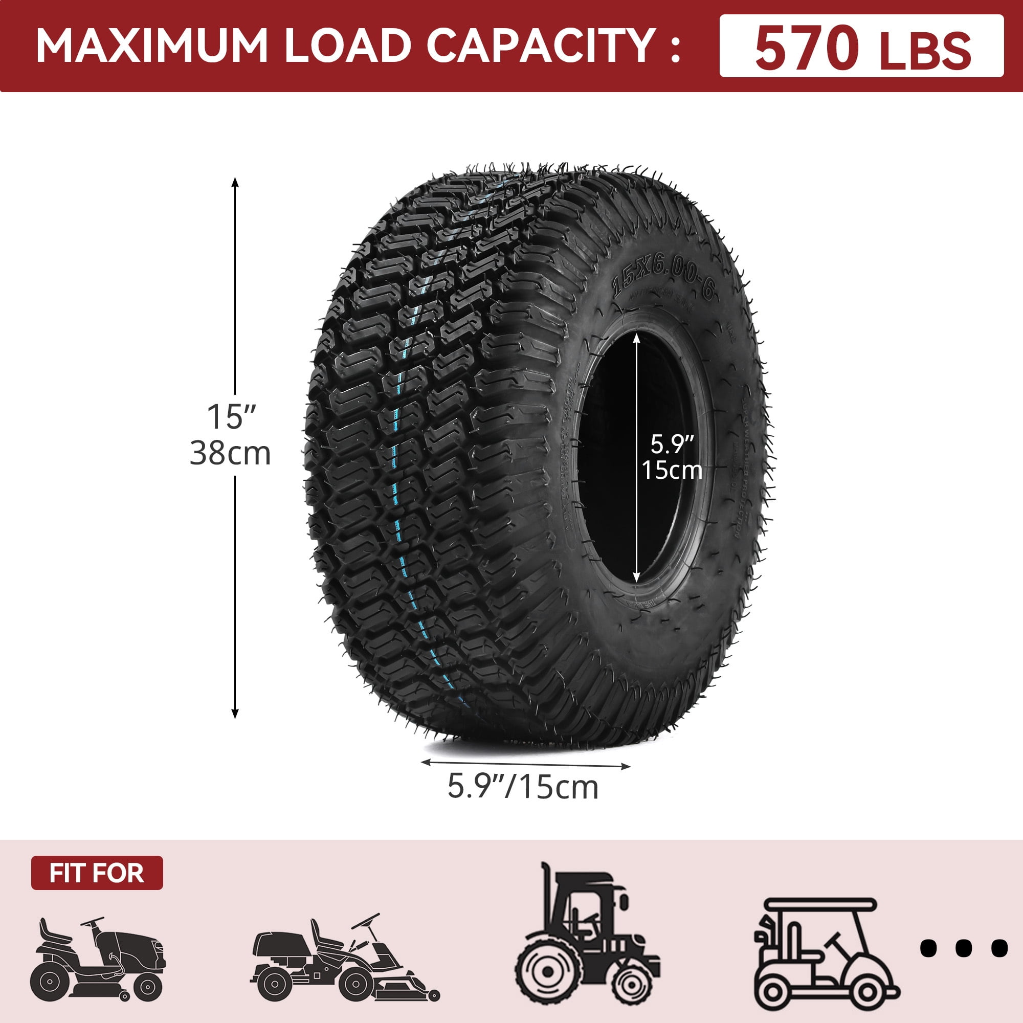 Uforic Set of 2 15x6.00-6 Lawn Mower Turf Tires, Heavy Duty 4 Ply Tubeless Replacement Tires, 570 LBS Max Load Capacity for Riding Lawn Tractors & Garden Vehicles