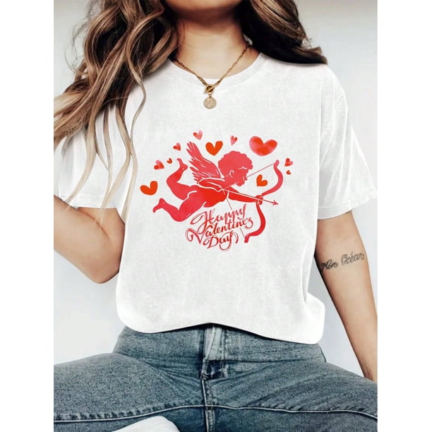 Camiseta De Verano Para Mujer, Camisetas Suaves De Verano Para Mochilero, Viajes En La CalleHappy Valentine's Day Women's Fashionable LOVE Print T-Shirt - Casual Short Sleeve Crew Neck Top - LCamise