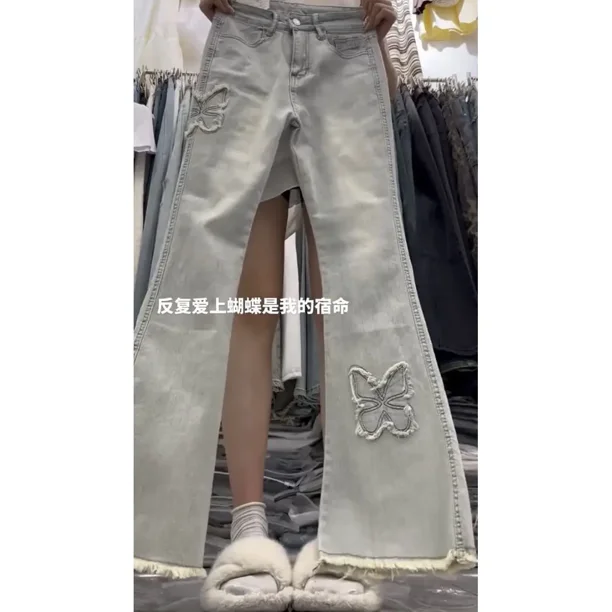 Vintage mariposa parche bordado Denim pantalones acampanados de cintura alta Y2k pantalones americanos Hiphop mujeres pantalones vaqueros de pierna ancha Hotsweet