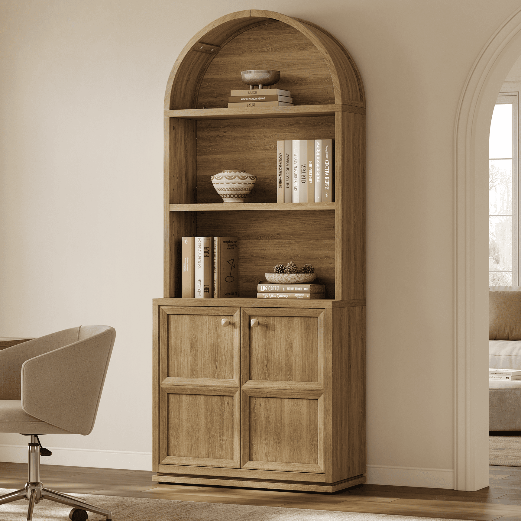 SICOTAS 81" Tall Arched Kitchen Pantry Storage Cabinet with Doors & Adjustable Shelves, Oversized 5-Tier Farmhouse Cupboard with Cable Management for Dining Room, Living Room, Brown Oak