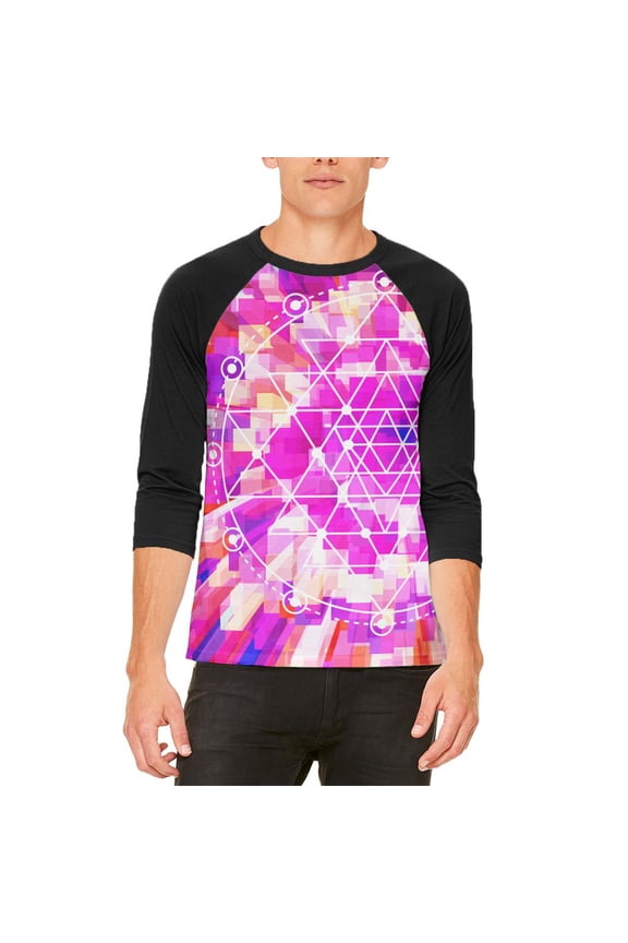 Sri Yantra Sacred Geometry Mens Raglan T Shirt White-Black SM