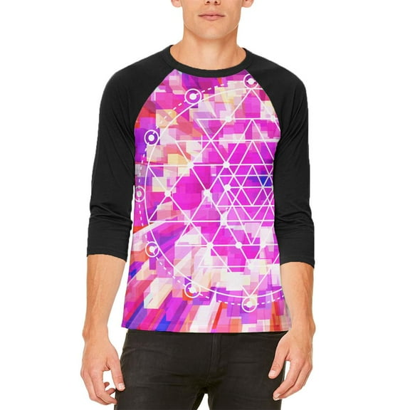 Sri Yantra Sacred Geometry Mens Raglan T Shirt White-Black SM