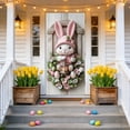 thumbnail image 6 of AZXY Easter Bunny Door Cover 71x35 Inch, Pink Bunny with Lantern on Floral Wreath Door Banner Backdrop, Spring Front Door Decorations for Outdoor Porch Farmhouse Easter Party Wall Home Decor, 6 of 7