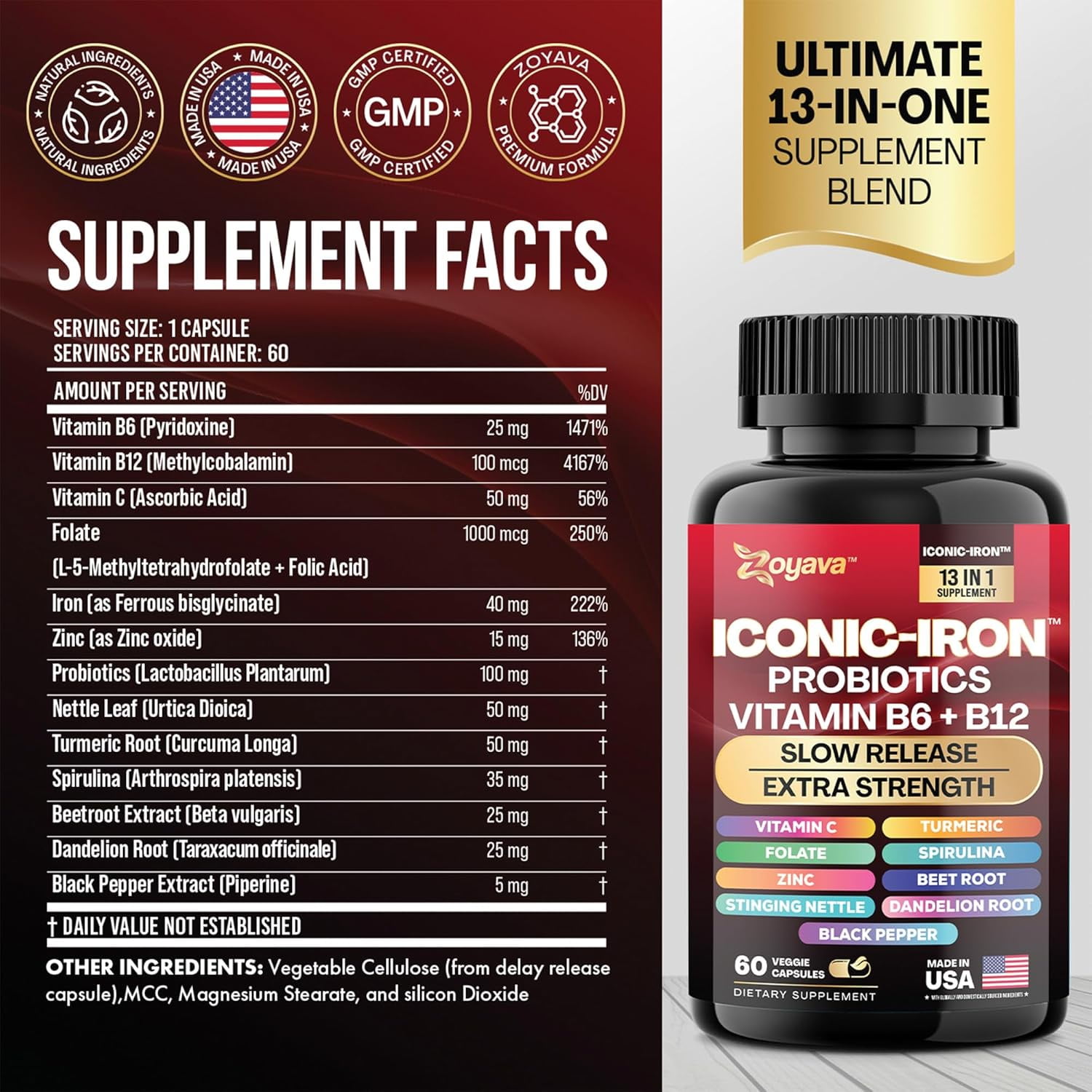 Zoyava Iron Supplement – Slow Release Iron Vitamin with B12, Folate, Zinc & Probiotics for Men & Women