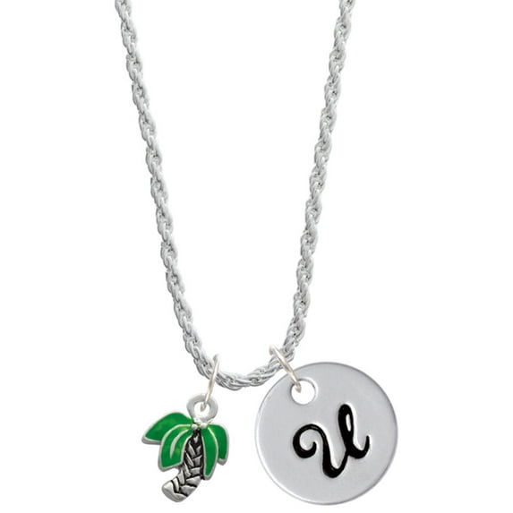 Delight Jewelry Silvertone Mini Enamel Palm Tree Silvertone Script Initial Disc - U - Charm Necklace, 20"+3"
