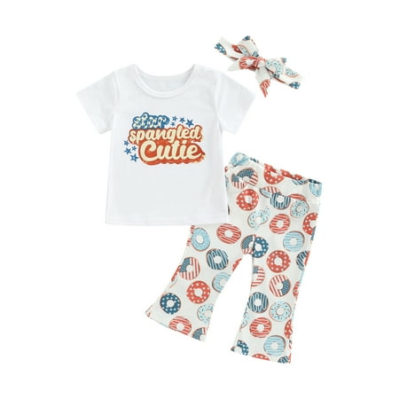 

CenturyX 0-18M Independence Day Kids Girl Clothing Cute Letter Print Short Sleeve T-shirt+Star Stripe Doughnut Flare Pants+Headband White 6-12 Months