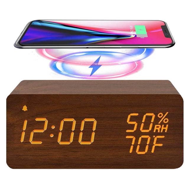 Reloj despertador LED inteligente con carga inalámbrica, activación por sonido y función de repetición para dormitorio y oficina