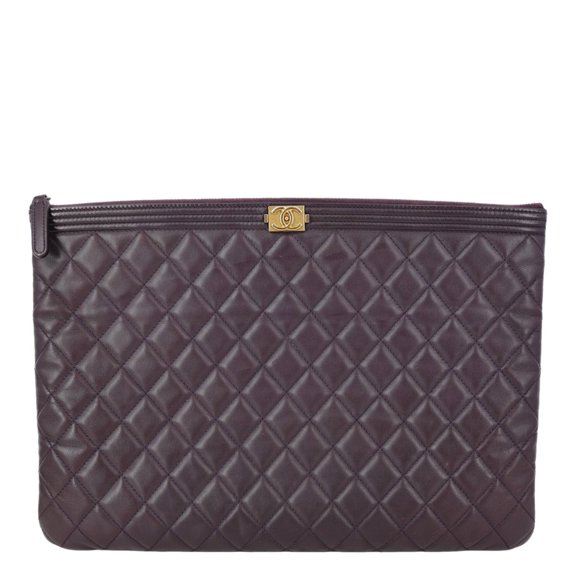 Pre-Owned Chanel Boy O Case Large Quilted Lambskin Leather Zip Pouch Purple
