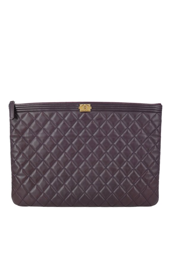 Pre-Owned Chanel Boy O Case Large Quilted Lambskin Leather Zip Pouch Purple