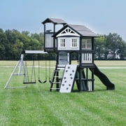 Backyard Discovery Whispering Point Light Gray Cedar Wood Swing Set, Slide, Clubhouse