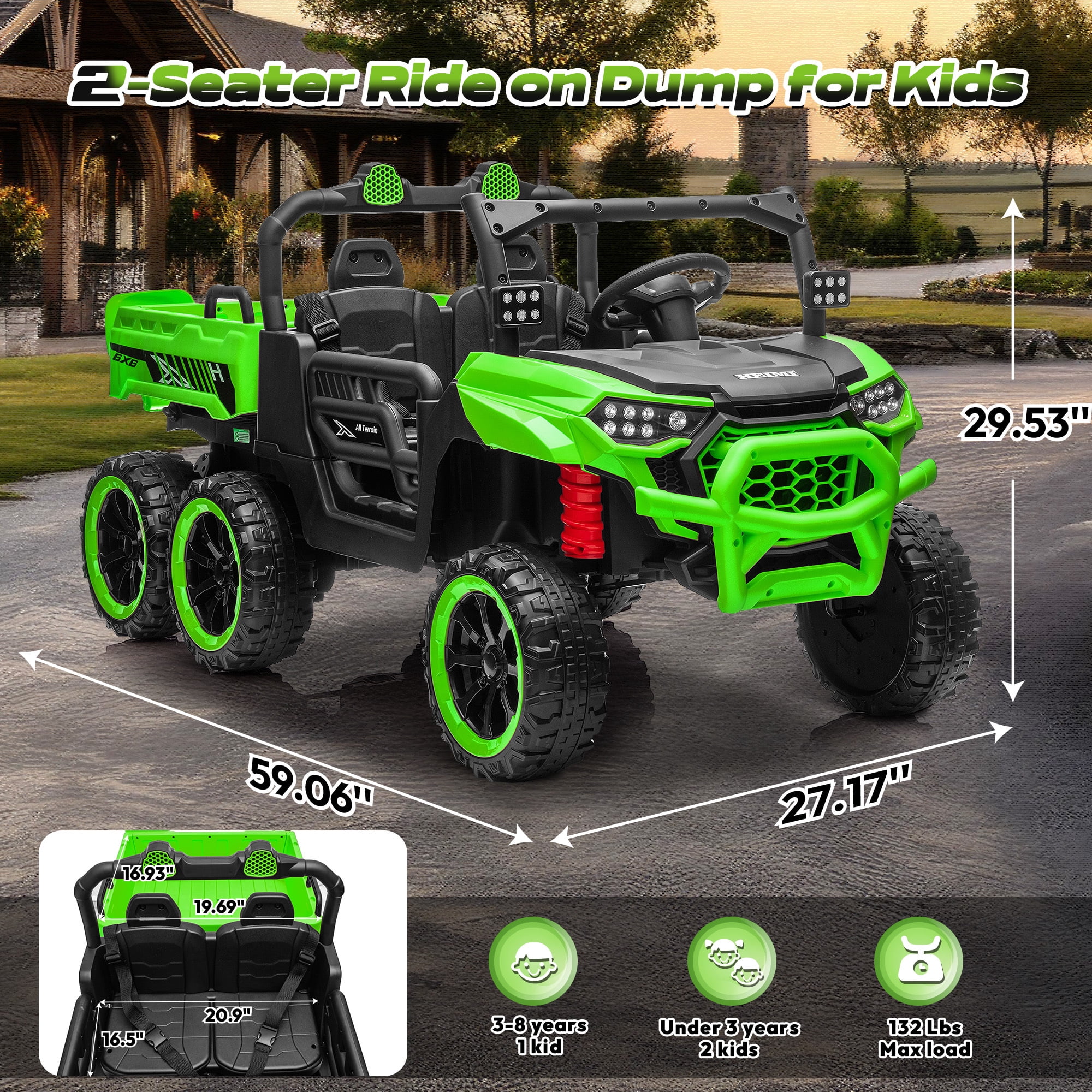 Letsgokid 24V 2-Seater Ride On Dump Truck with Remote Control, 4WD 6-Wheel Electric Car for Big Kids with Electric Dump Bed, 20in Seat, 400W Powerful Motor, LED Lights, Music, Ages 3+