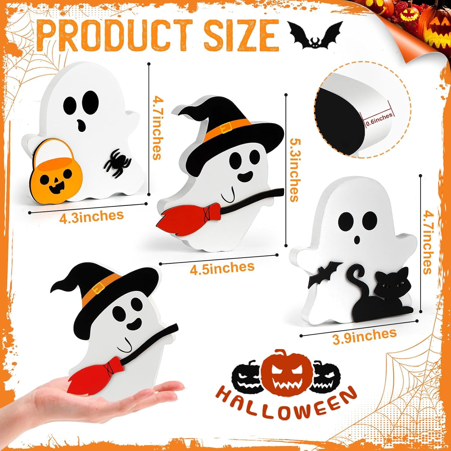 Set of 3 Wooden Ghost Tiered Tray Decorations Cute Halloween Table Decor