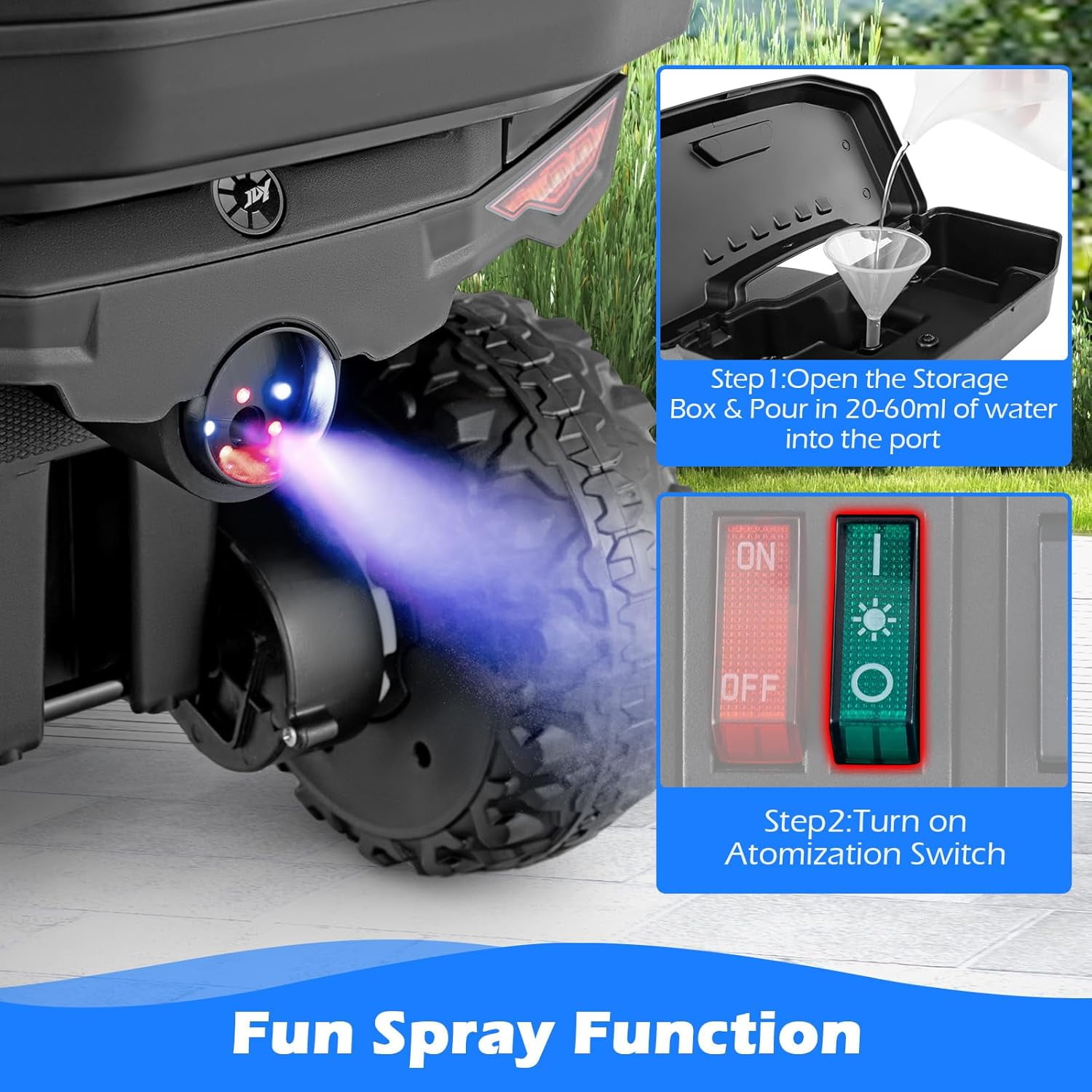 OLAKIDS Kids ATV with Spray Function, Remote Control, Storage Trunk, 6V Electric Toddler Ride on Toy