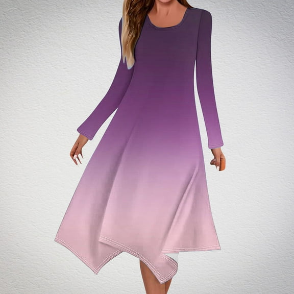 QUINDOS Womens Dresses Sundress Casual Crew Neck Long Sleeve Sun Dresses Summer Tie Dye Loose Irregular Hem Midi Knee Length Womens Dresses