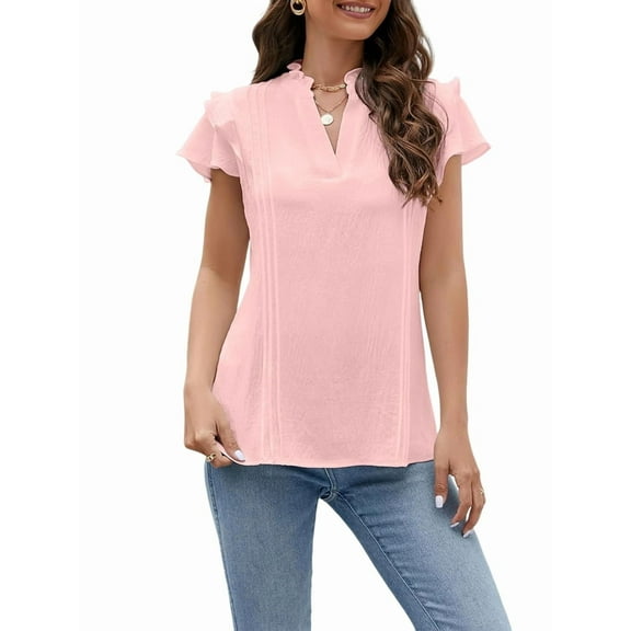 Womens Dressy Casual Tops Ruffle Short Sleeve V Neck Shirts Elegant Business Work Blouse Pink M